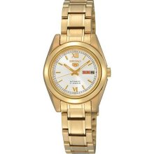 Women's Seiko 5 Gold Tone Stainless Steel Case and Bracelet White DIal Day and D