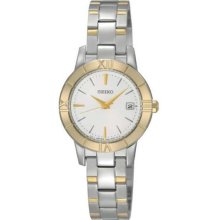 Women's Two Tone Stainless Steel Quartz Gold Tone Bezel Silver Dial Link Bracele