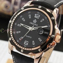 2013's Fashion Black Hq Men's Wrist Watch Quartz Calendar Date Genuine Leather