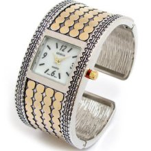 2tone Vintage Style Wide Decorated Bracelet Women's Bangle Cuff Watch