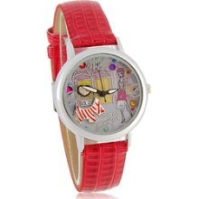 3D Girl Pattern Women's Analog Watch with PU Leather Strap (Red)