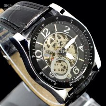 5pcs Big Dial Winner Watches Mens Luxury Fashion Watch Black Leaher