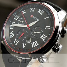 6 Dial Clock Day Hours Hand Date Water Black Leather Men Wrist Watch Wc171