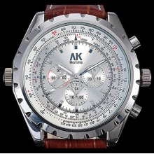 6 Hands Ak-homme Leather Mens Auto Mechanical Watch