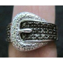 925 Sterling Silver Buckle Ring With Black Diamond In Size 6.25