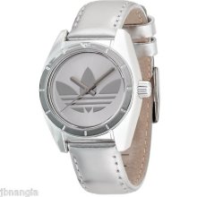 Adidas Originals Unisex Santiago Silver Metallic Leather Strap Watch Adh2778