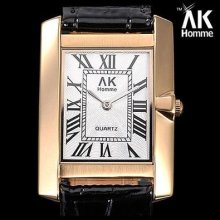 Ak-homme Genuine Leather Slim Quartz Mens Ladies Watch