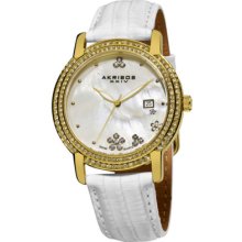 Akribos Xxiv Ak555yg Swiss Quartz Crystal Mop Dial Leather Strap Womens Watch