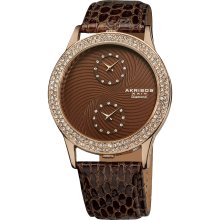 Akribos XXIV Women's Diamond Dual Time Swiss Quartz Leather Strap Watch (Brown)
