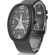 Analog Unisex Leather Quartz Wrist Watch with Eiffel Tower Pattern (Black)