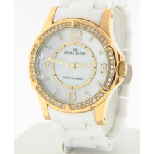 Anne Klein Women's Gold-tone Crystal Accented Case Mop Dial Ceramic Quartz Watch