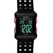 Armitron Men`s Digital Watch W/ Square Hole Cutout Black Strap & Red Accent