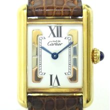 Authentic Cartier Must Tank Vermeil Watch Brown Leather & Gold Tone Silver 925