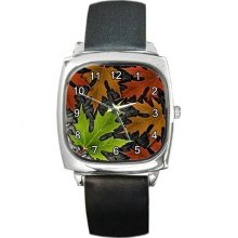 Autumn Leaves on a Silver Square Watch w/ Leather Band ..NEW - Multi-color - Metal