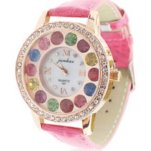Band Women's Leather Analog Quartz Wrist Watch With Colorful Rhinstone Decoration (Red)