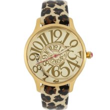 Betsey Johnson Swirl Dial Patent Leather Strap Watch, 39mm Gold/ Leopard