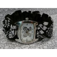 Black and White Flower Print Ribbon Watch with Butterfly White face