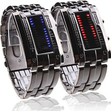 Black Band Double Row Couple Arrayed Style Men Blue and Women Red LED Wrist Watch