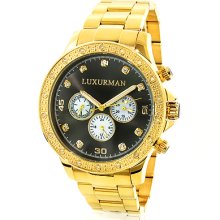 Black Dial Yellow Gold Plated Luxurman Diamond Watch for Men 0.2ct New