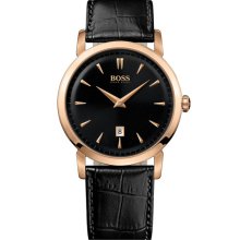 BOSS Black Round Leather Strap Watch Rose Gold/ Black