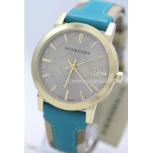 BU9018 Burberry women watch 38mm nova check turquoise leather date gold plated - Gold - Gold