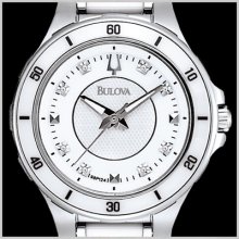 Bulova 98p124 White Ceramic Diamond Dial Stainless Steel Ladies Watch