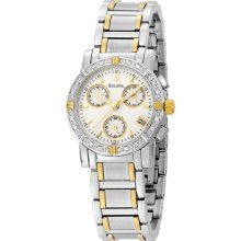 Bulova 98r98 16 Real Diamonds Chrono Ladies Watch White Dial S/s & Gold Plated