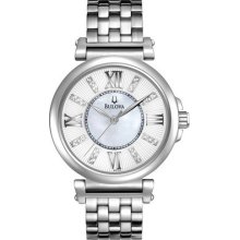 Bulova Ladies 24 Diamond Dress Mother Of Pearl Stainless Steel Watch 96p134