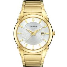 Bulova Men`s Gold Round Dial Dress Bracelet Watch W/ Date & Sunburst Dial