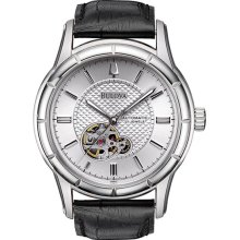 Bulova Men's Automatic Silver Tone Dial Skeleton Display Black Leather Strap 96A111