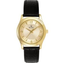 Bulova Round Gilt Dial Women`s Watch W/Black Leather Strap