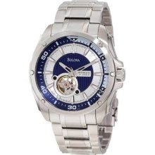 Bulova Stainless Steel Mechanical Automatic Open Blue Dial Watch 96a137