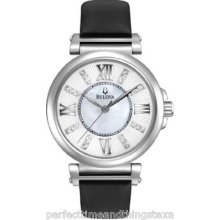 Bulova Women's Mother Of Pearl Dial 24 Diamond Leather Strap Watch - 96p133