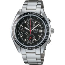 Casio Mens Calendar Date Chronograph Watch with Black Dial and Silvertone Band