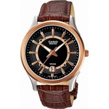 Casio Men's Core BEM119GL-1AV Brown Leather Quartz Watch with Black Dial