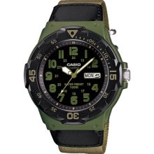 Casio Mrw-200hb-3b Day/date Quartz Gents Analog Watch Cloth Band Army Green