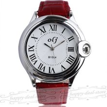 Cati Fashion Crown Roman Index Thin Dial Women Men Quartz Wrist Watch Red Band