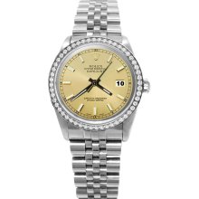 Champagne stick dial rolex date just SS jubilee bracelet diamond bezel watch