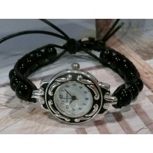 Chan Luu Style - Adjustable Black Glass Bead Wrap Bracelet Watch with Black Leather Strap