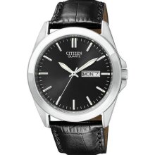 Citizen Bf0580-06e Men's Quartz Leather Strap Black Dial Stainless Steel Watch