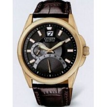 Citizen Eco Drive Men`s Rose Gold Dual Time Watch With Brown Leather Strap