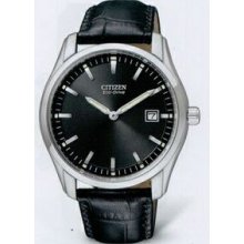 Citizen Eco Drive Men`s Silver Watch With Black Leather Strap (40 Mm Case)