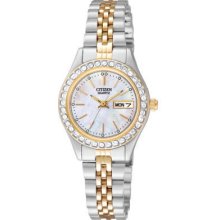 Citizen Ladies Two Tone Watch With Crystal Bezelnew In Box With Warranty