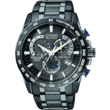 Citizen Mens Eco-Drive Perpetual Chronograph A-T Stainless Watch - Black Bracelet - Black Dial - AT4007-54E