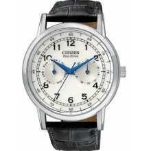 Citizen Mens Eco-Drive Perpetual Calandar Stainless Watch - Black Leather Strap - White Dial - AO9000-06B