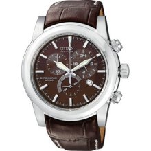 Citizen Men's Eco-Drive Stainless Chronograph Watch - Brown Leather Strap - Brown Dial - AT0550-11X