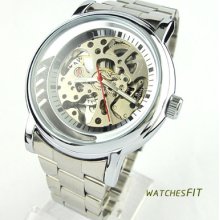 Classic Chic Mens Wrist Watch See Through Skeleton Automatic Mechanical S/steel
