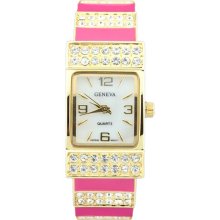 Classic Cuff Style Watch with Rhinestone Accents-Fuchsia/Gold