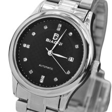 Crystal Hours Mark Quartz Movt Black Dial Calendar Men's Stainless Wrist Watch