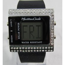 Cubic Zirconia Cz Rhinestone Solar Power Digital Watch Stopwatch Hip Hop Bling